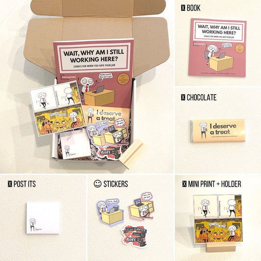 Holiday Corporate Humor Gift Box | Lawyer Birthday Present | Coworker Care Package | Comic Book, Stickers, Mini-Print, Chocolate, Post-Its