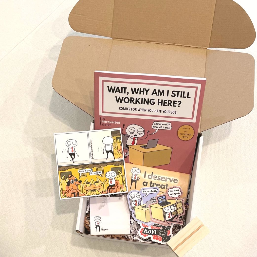 Holiday Corporate Humor Gift Box | Lawyer Birthday Present | Coworker Care Package | Comic Book, Stickers, Mini-Print, Chocolate, Post-Its