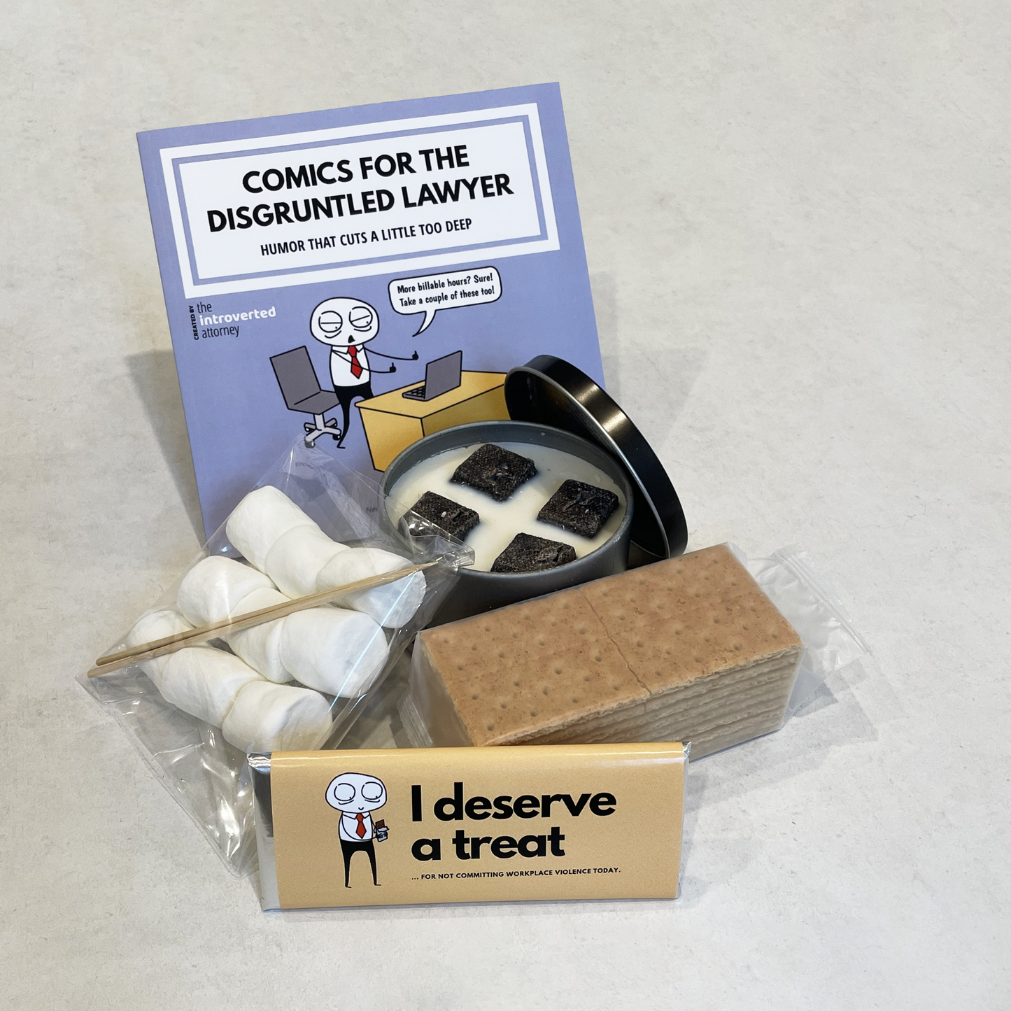 I Need a Break S'mores Kit | Graham Crackers, Marshmallows, Chocolate, Portable Fire Pit | Lawyer and Corporate Humor Comic Book | Gift Box