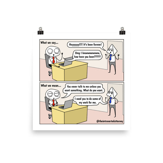 What We Say vs. What We Mean | Best Lawyer Gifts Comic Print (10" x 10") | Funny Gifts for Attorneys | The Introverted Attorney