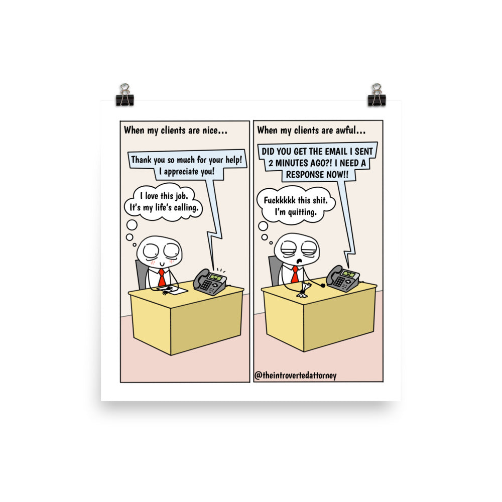 Nice vs. Awful Clients | Best Lawyer Law Firm Gifts | Law Comic Print | Funny Gifts for Attorneys