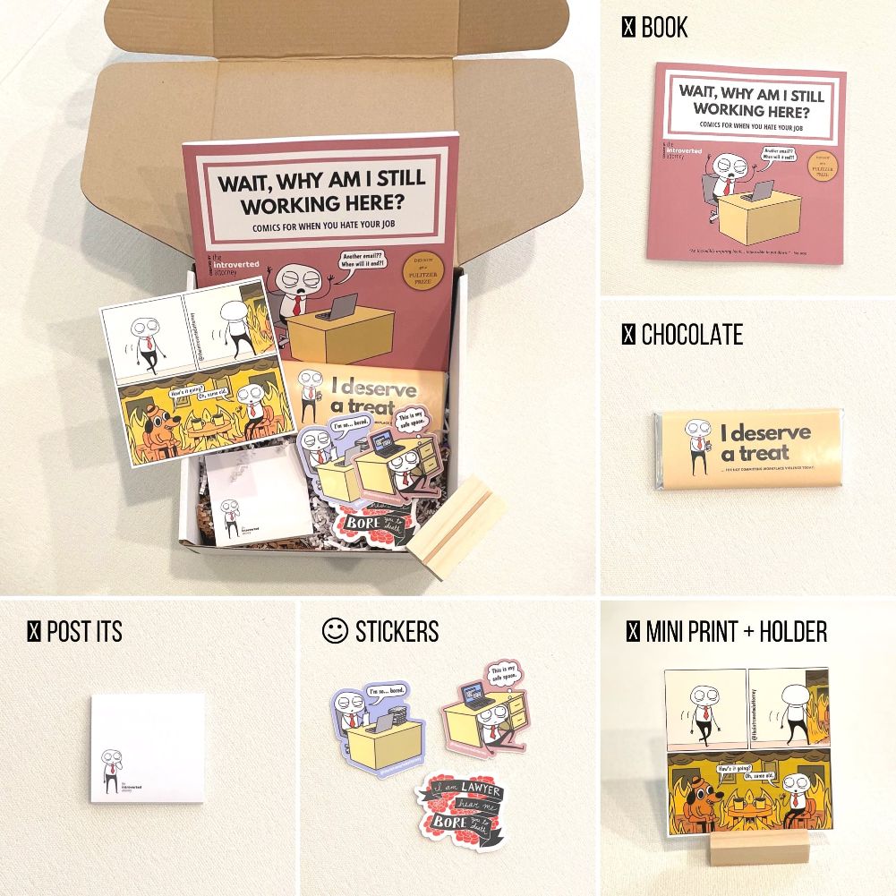 Holiday Corporate Humor Gift Box | Lawyer Birthday Present | Coworker Care Package | Comic Book, Stickers, Mini-Print, Chocolate, Post-Its