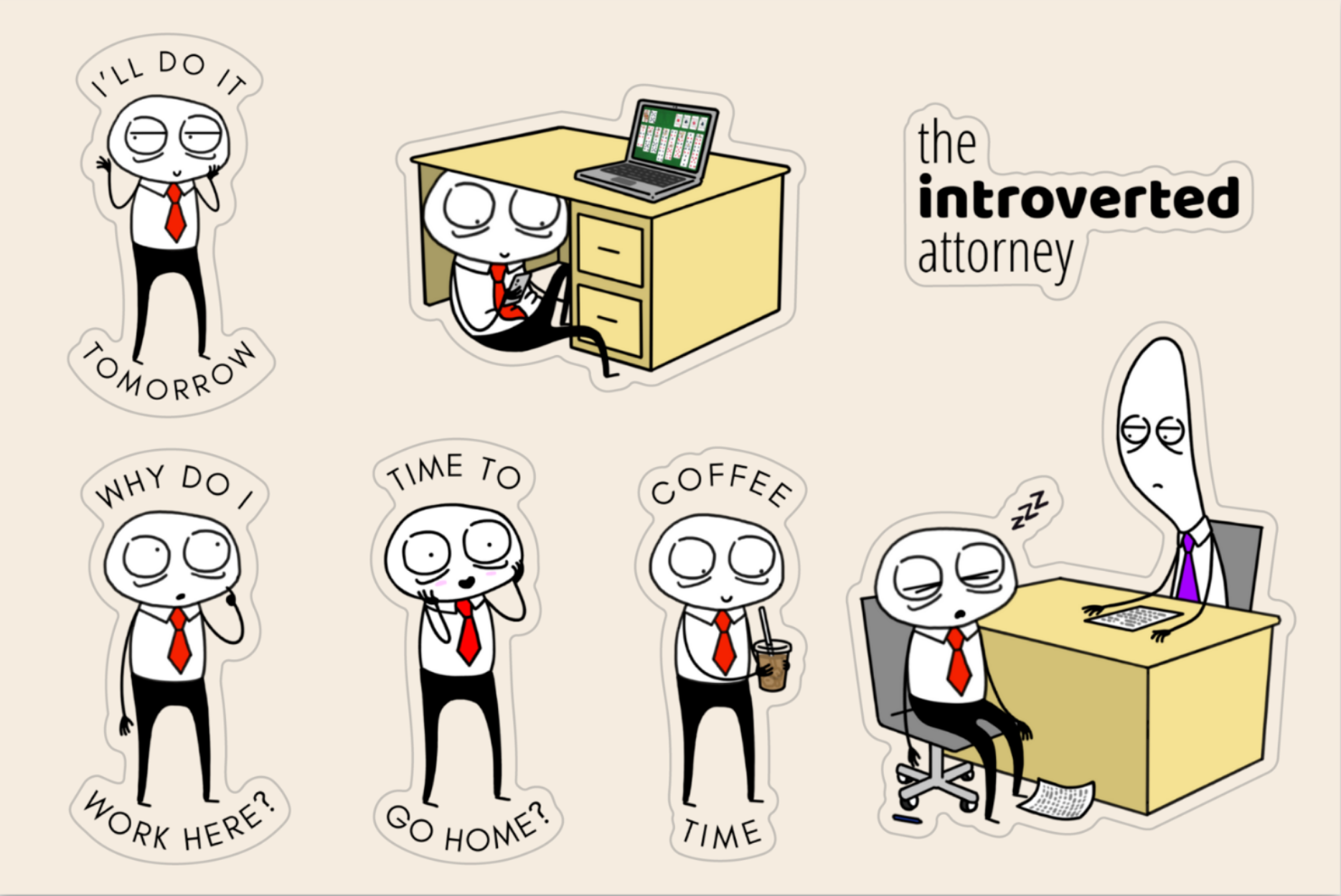 A collection of six die-cut vinyl stickers featuring the Introverted Attorney character in various humorous situations related to work and coffee.