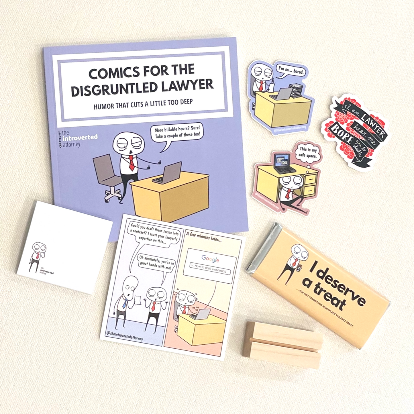 Holiday Lawyer Humor Gift Box | Attorney Birthday Present | Coworker Care Package | Comic Book, Stickers, Mini-Print, Chocolate, Post-Its