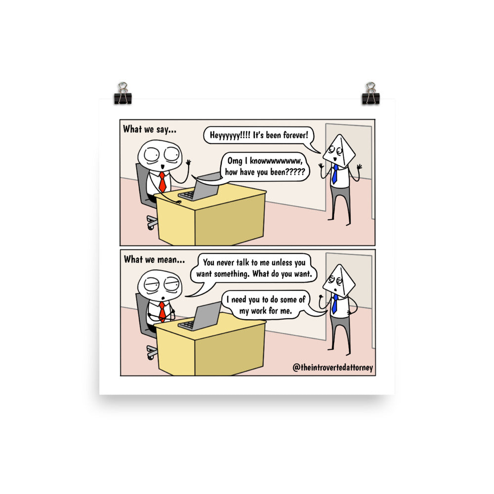 What We Say vs. What We Mean | Best Lawyer Gifts Comic Print (10" x 10") | Funny Gifts for Attorneys | The Introverted Attorney