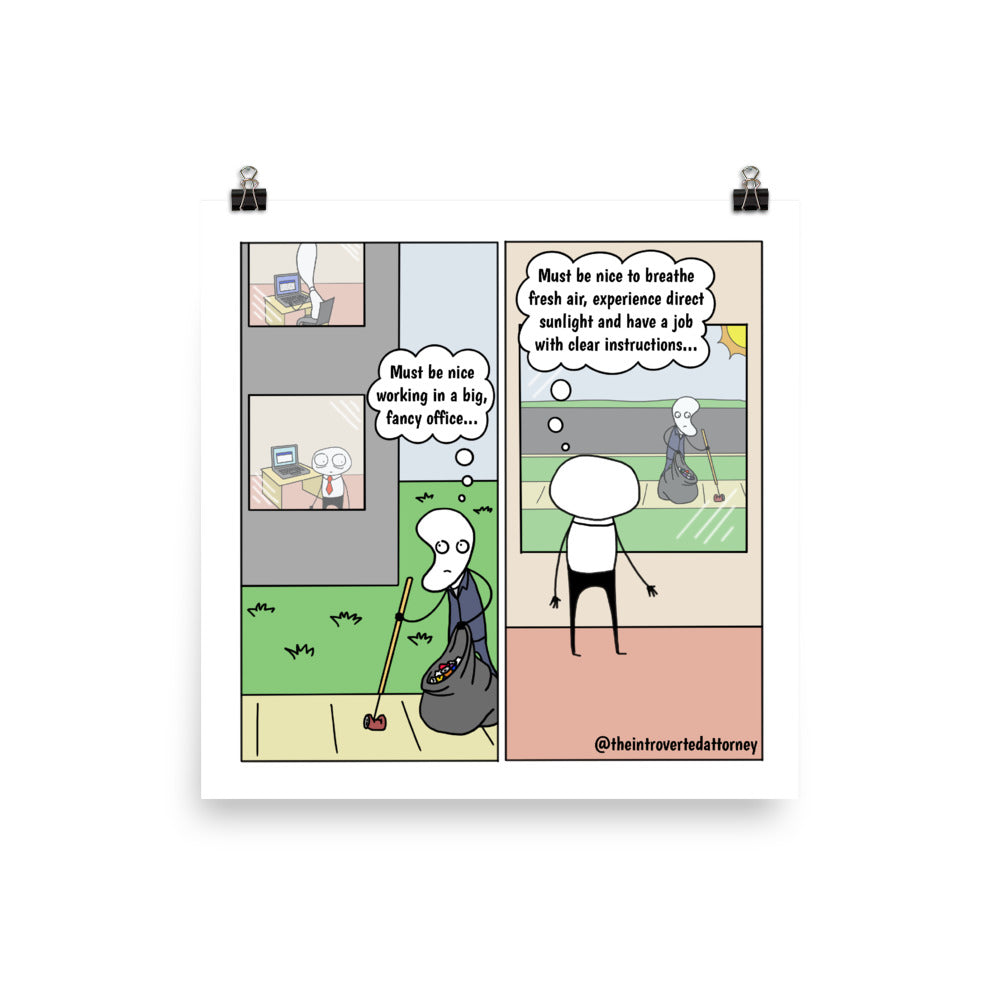 The Grass is Always Greener | Funny Lawyer Comic Prints (10" x 10") | Best Attorney Gifts | Full Color | The Introverted Attorney