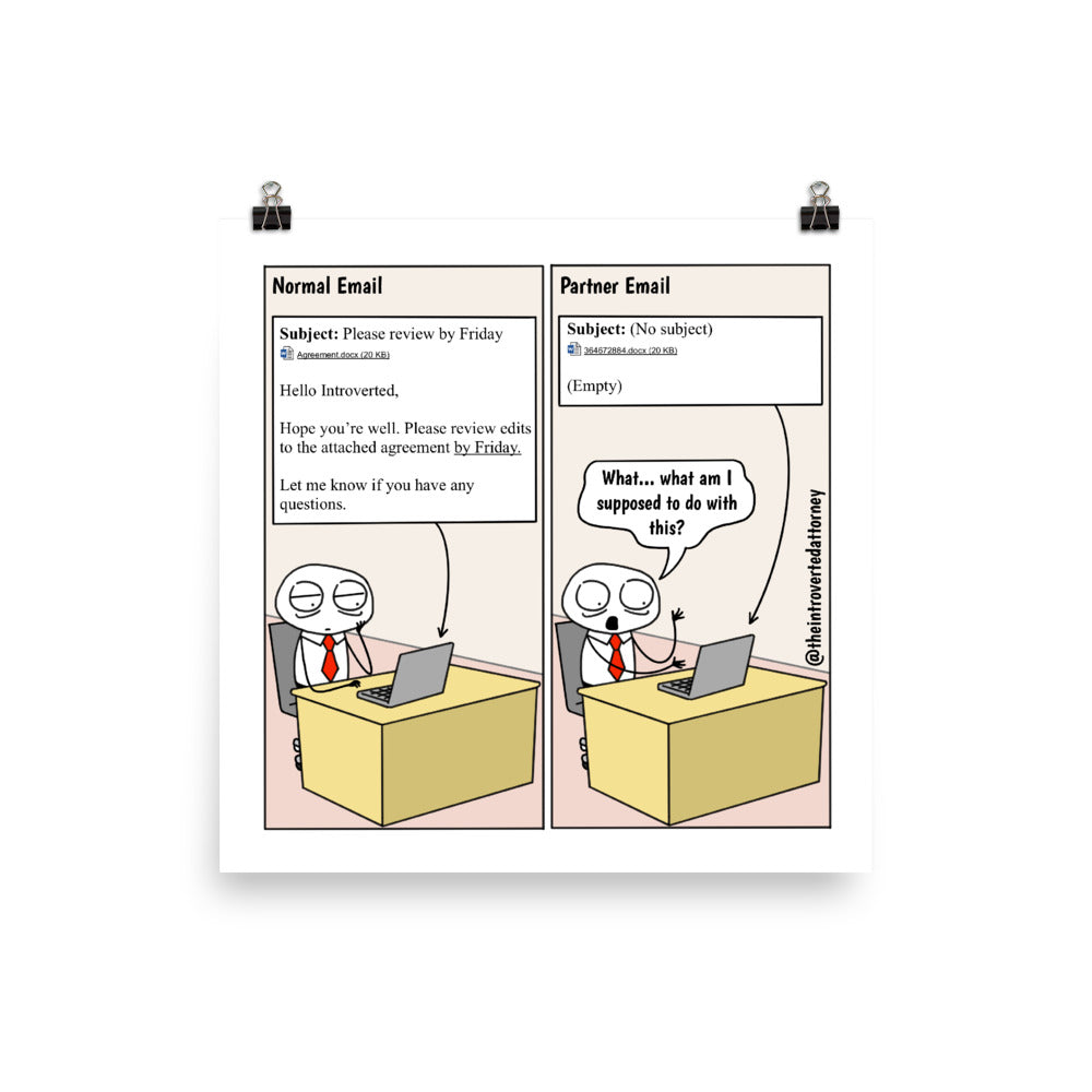 Law Firm Partner Emails | Funny Lawyer Comic Print (10" x 10") | Best Lawyer Law Firm Gifts | Full Color | The Introverted Attorney
